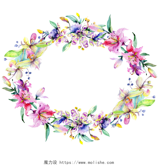 在白色背景下各种各样的花朵和叶子围绕的花环框架与粉红色和紫色的兰花花。水彩画时尚水族馆隔离。装饰边框 